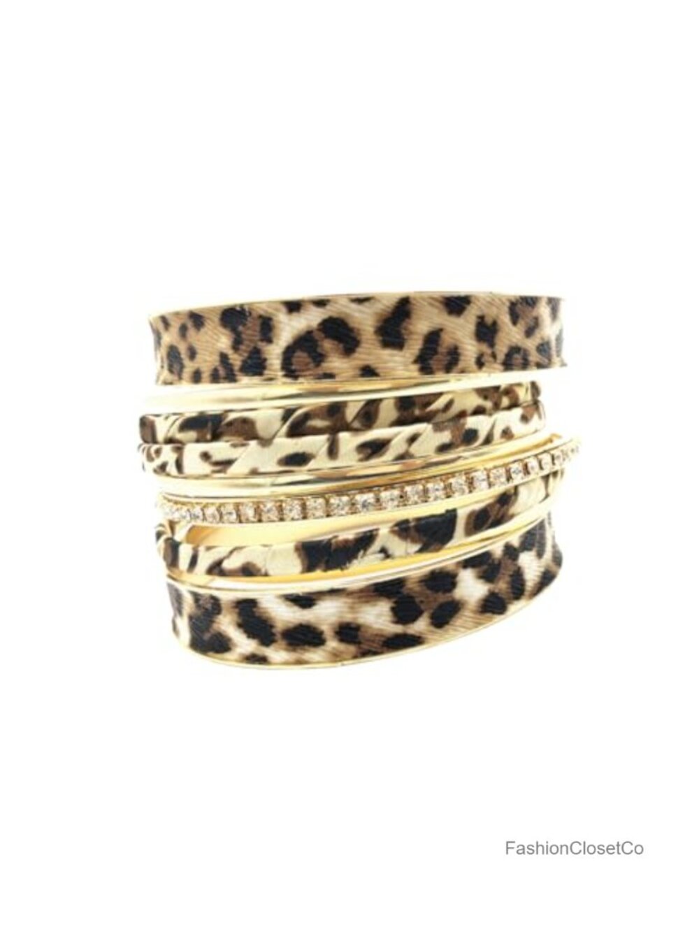 Gold Tone Leopard Bangle Bracelet Set - 8pc Stackable Cuff Wrapped Metal